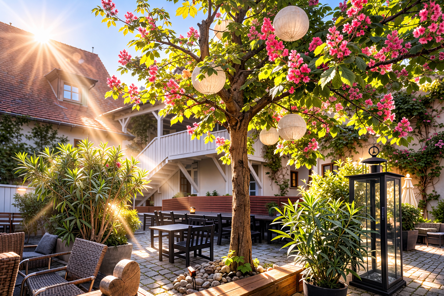 Blumentopf mit Narzissen und Stiefmütterchen im Hof des Schindlerhofs
